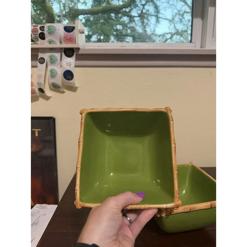 Ipanema Ceramic Bowls Green With Bamboo Trim Set Of 2